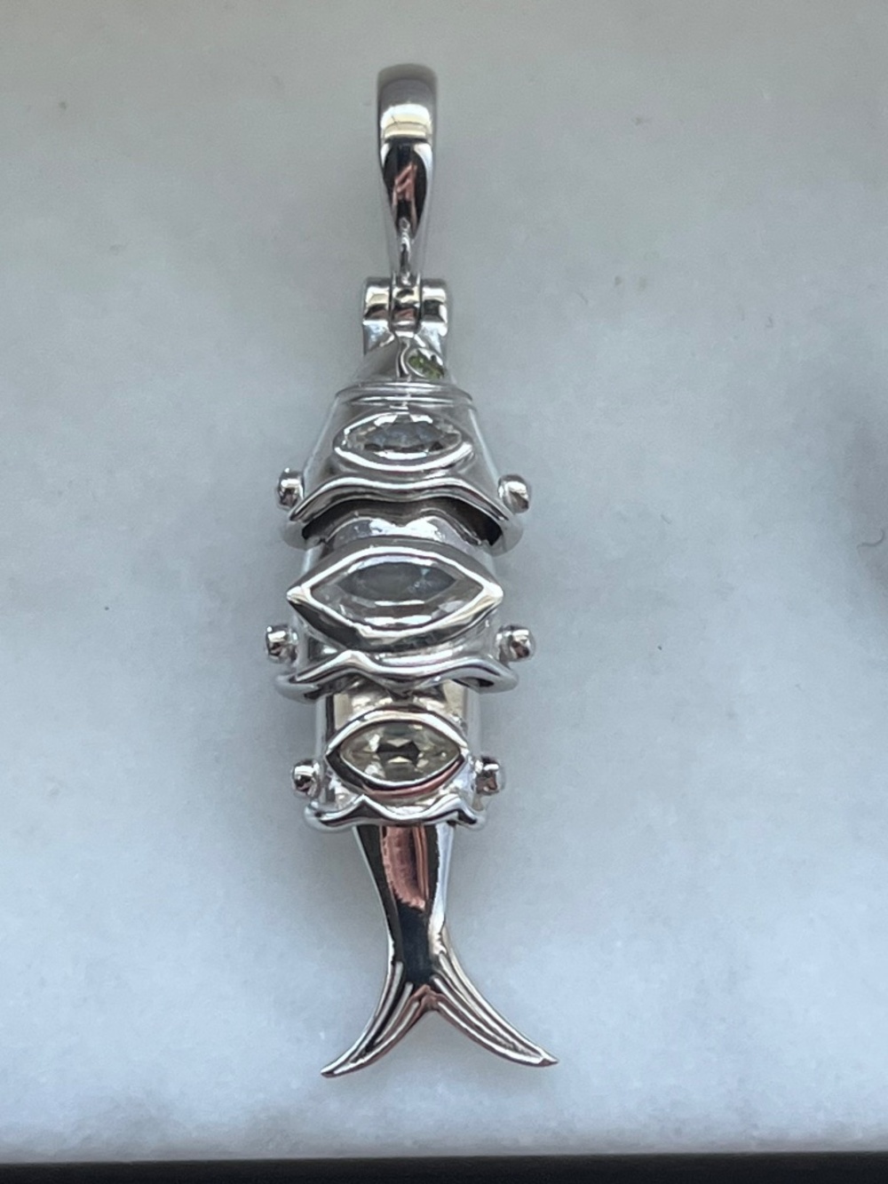 Awe Inspired Sterling Silver Segmented White Topaz Lucky Fish Pendant Charm - Picture 11 of 12